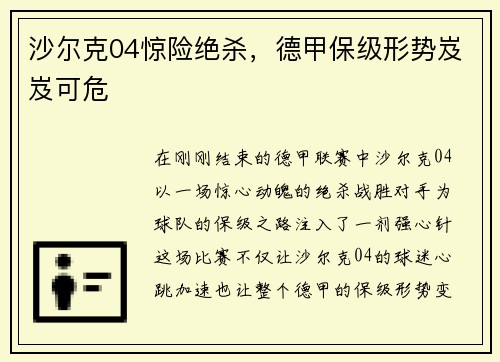 沙尔克04惊险绝杀，德甲保级形势岌岌可危