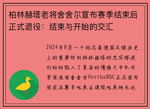 柏林赫塔老将舍舍尔宣布赛季结束后正式退役：结束与开始的交汇