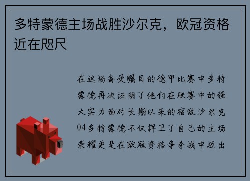 多特蒙德主场战胜沙尔克，欧冠资格近在咫尺