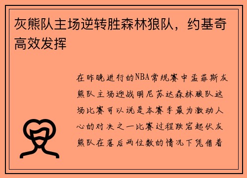 灰熊队主场逆转胜森林狼队，约基奇高效发挥