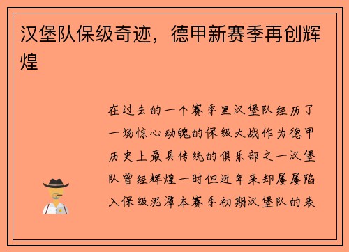 汉堡队保级奇迹，德甲新赛季再创辉煌