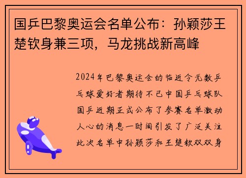 国乒巴黎奥运会名单公布：孙颖莎王楚钦身兼三项，马龙挑战新高峰