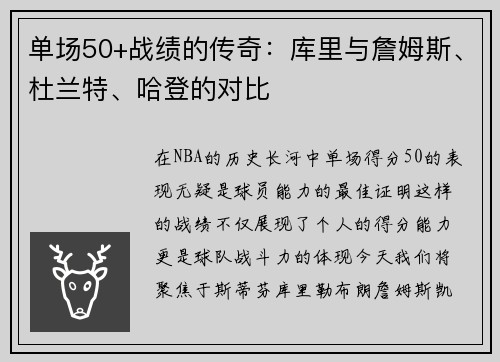 单场50+战绩的传奇：库里与詹姆斯、杜兰特、哈登的对比