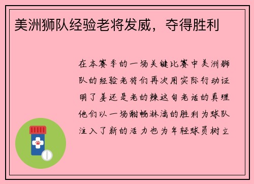 美洲狮队经验老将发威，夺得胜利