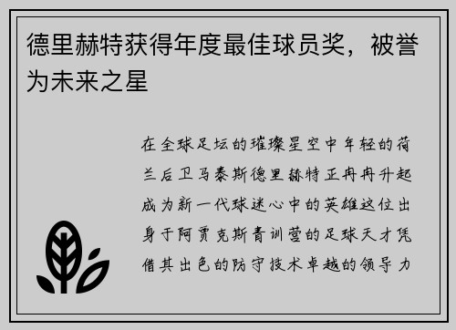 德里赫特获得年度最佳球员奖，被誉为未来之星