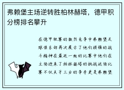 弗赖堡主场逆转胜柏林赫塔，德甲积分榜排名攀升