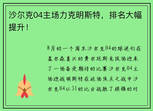 沙尔克04主场力克明斯特，排名大幅提升！