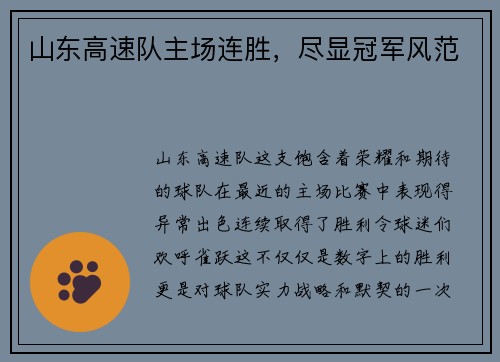 山东高速队主场连胜，尽显冠军风范