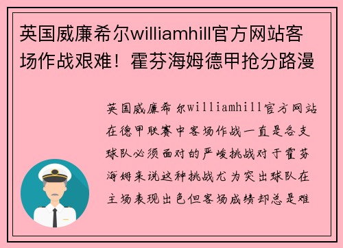 英国威廉希尔williamhill官方网站客场作战艰难！霍芬海姆德甲抢分路漫漫 - 副本