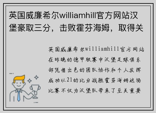 英国威廉希尔williamhill官方网站汉堡豪取三分，击败霍芬海姆，取得关键胜利